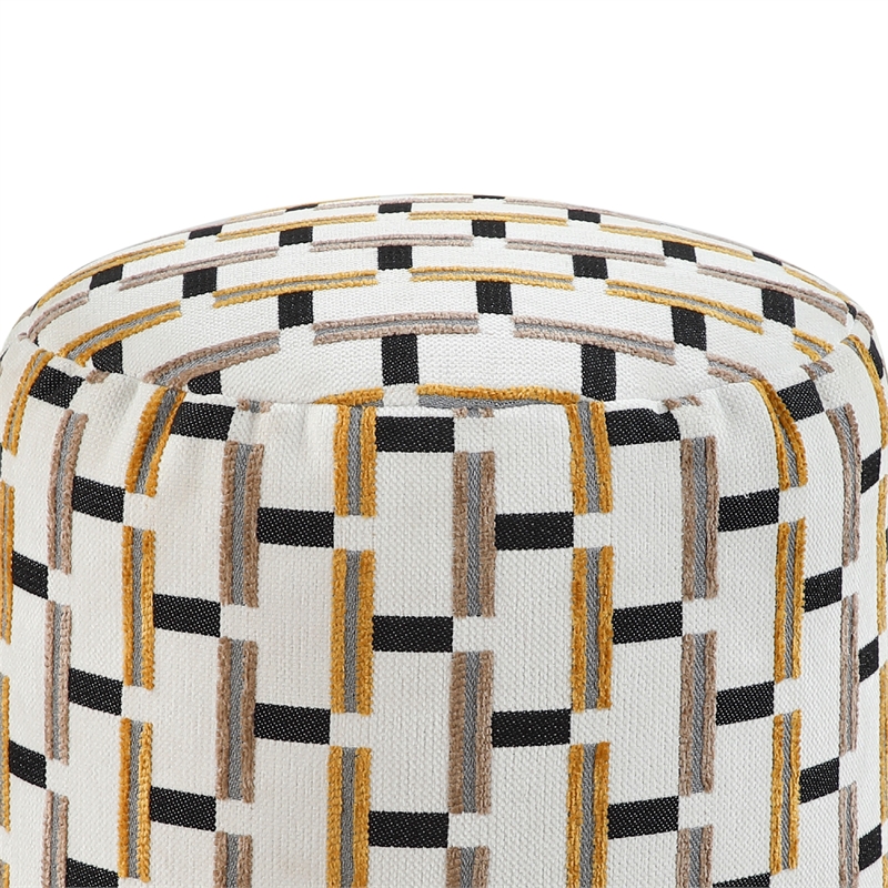 Modern Pouf Ottoman- Beige Gray Geometric Block Jacquard- 16 Inch