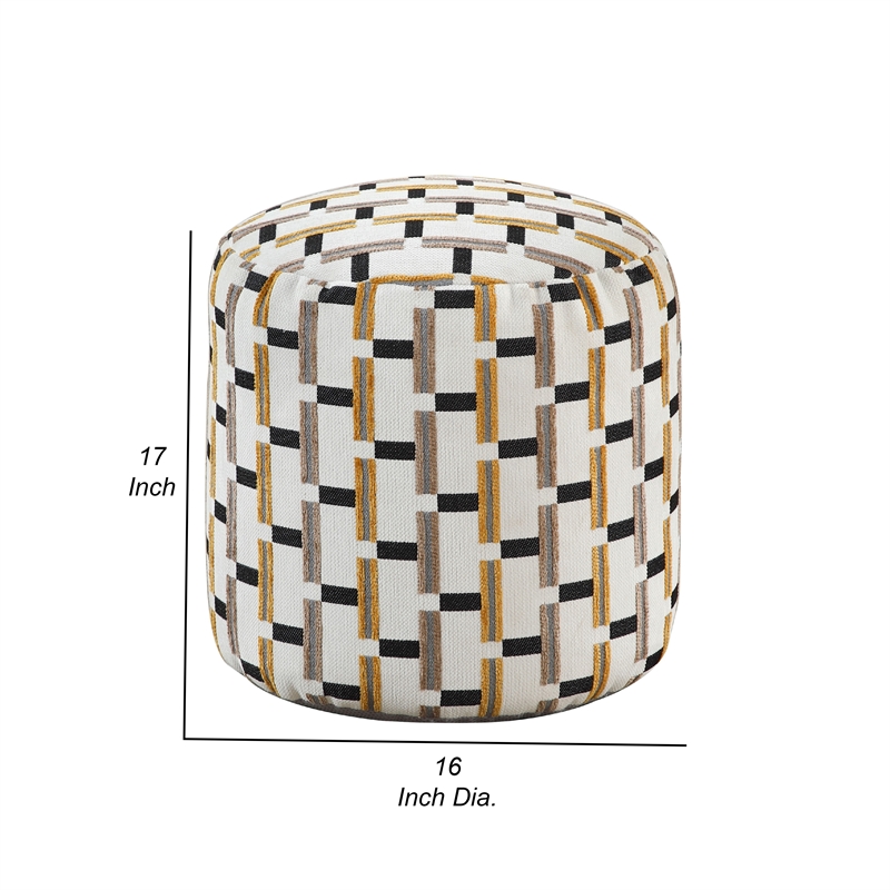 Modern Pouf Ottoman- Beige Gray Geometric Block Jacquard- 16 Inch