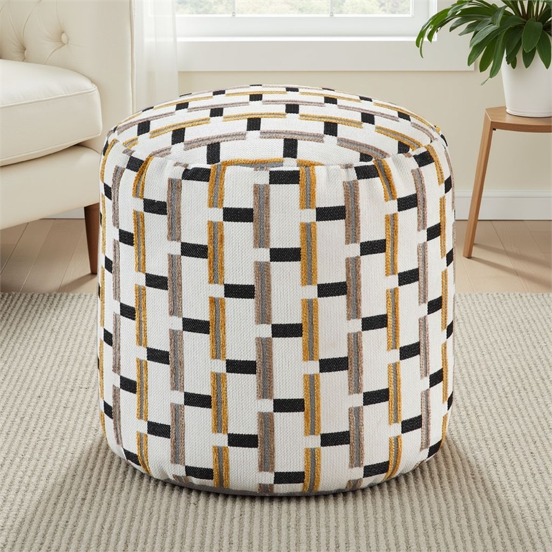 Modern Pouf Ottoman- Beige Gray Geometric Block Jacquard- 16 Inch