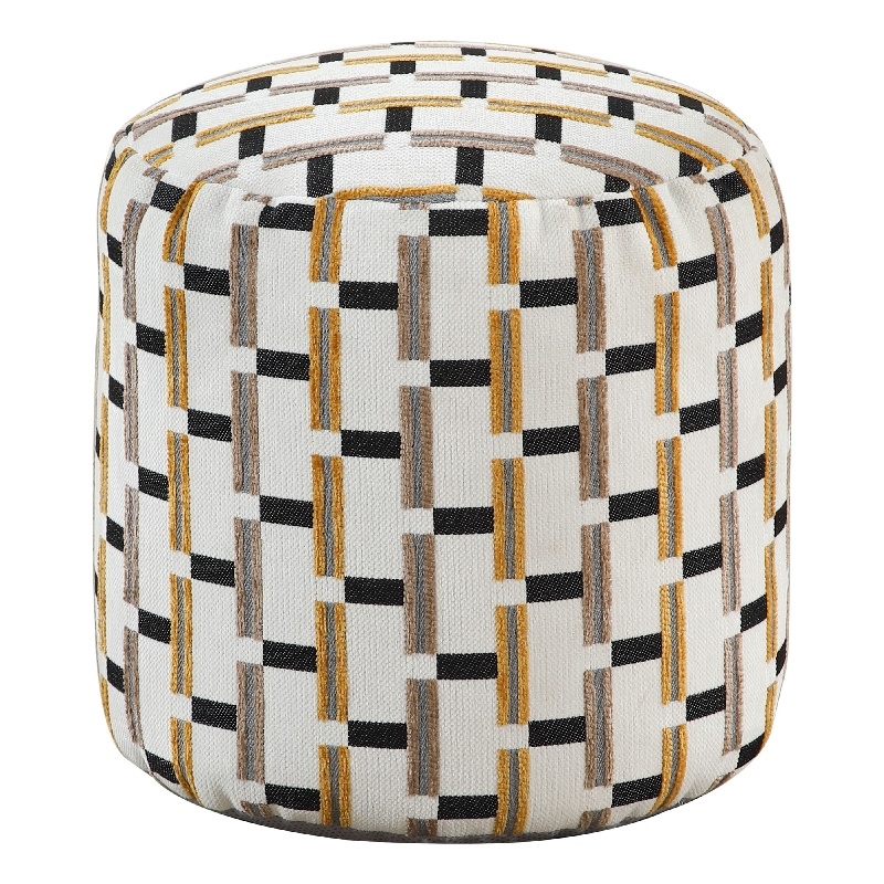 Modern Pouf Ottoman- Beige Gray Geometric Block Jacquard- 16 Inch