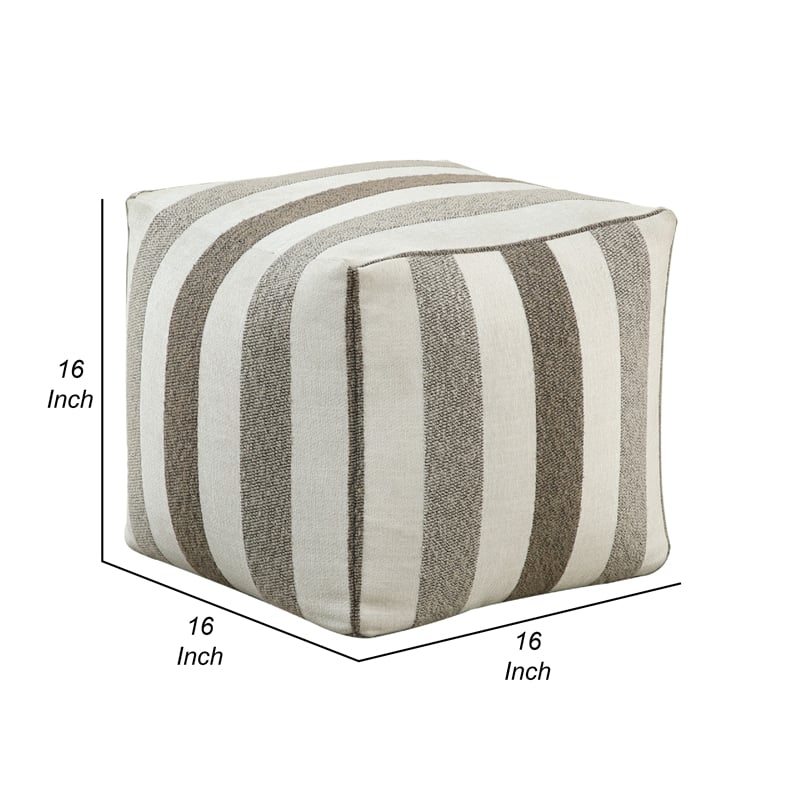 Modern Pouf Ottoman- White and Taupe Striped Jacquard- 16 Inch Square