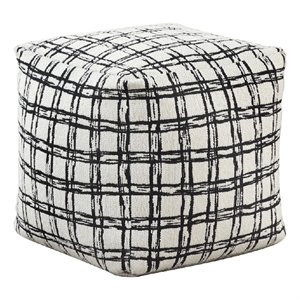 Modern Pouf Ottoman- White Black Checkered Jacquard- 16 Inch Square