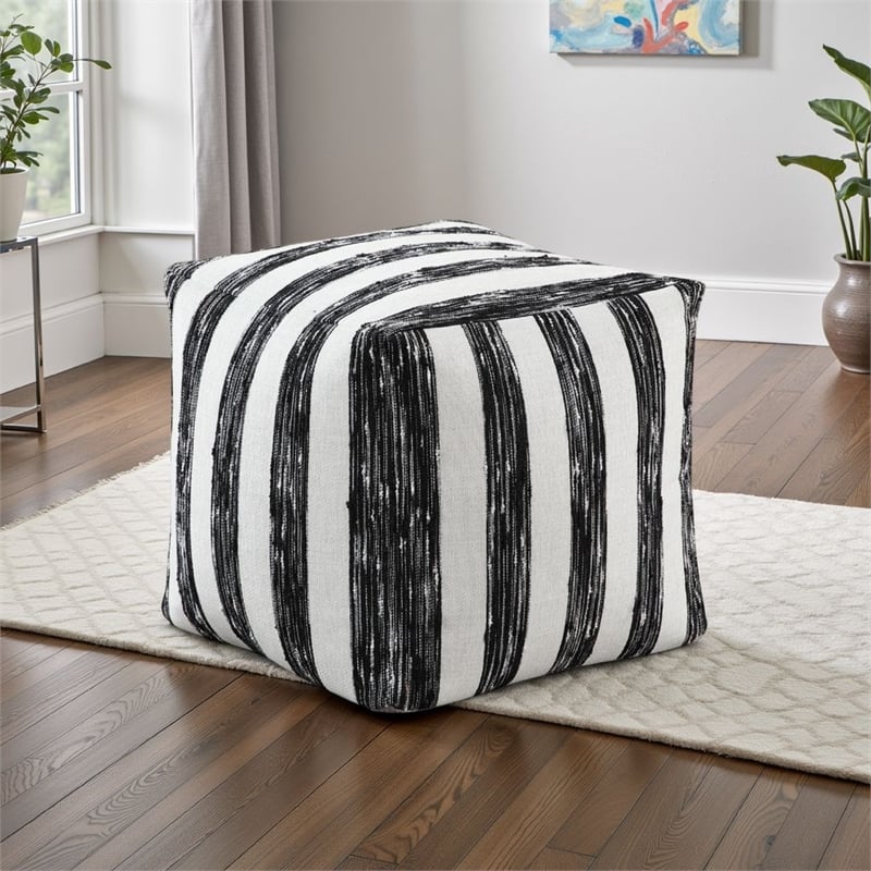 Modern Pouf Ottoman- Black White Wide Striped Jacquard- 16 Inch Square
