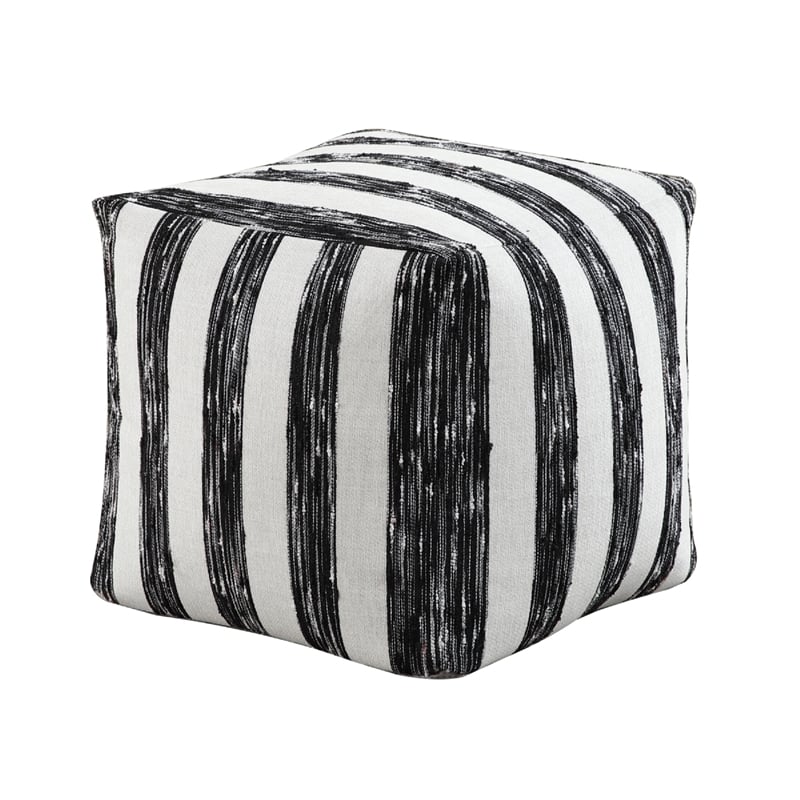 Modern Pouf Ottoman- Black White Wide Striped Jacquard- 16 Inch Square