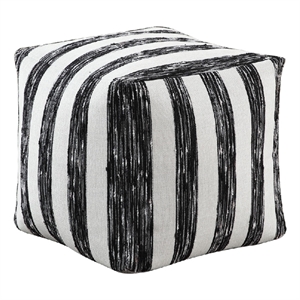 Modern Pouf Ottoman- Black White Wide Striped Jacquard- 16 Inch Square