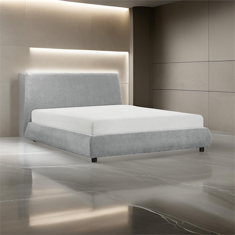 Queen Size Platform Bed- Low Profile- Gray Chenille Fabric Upholstery