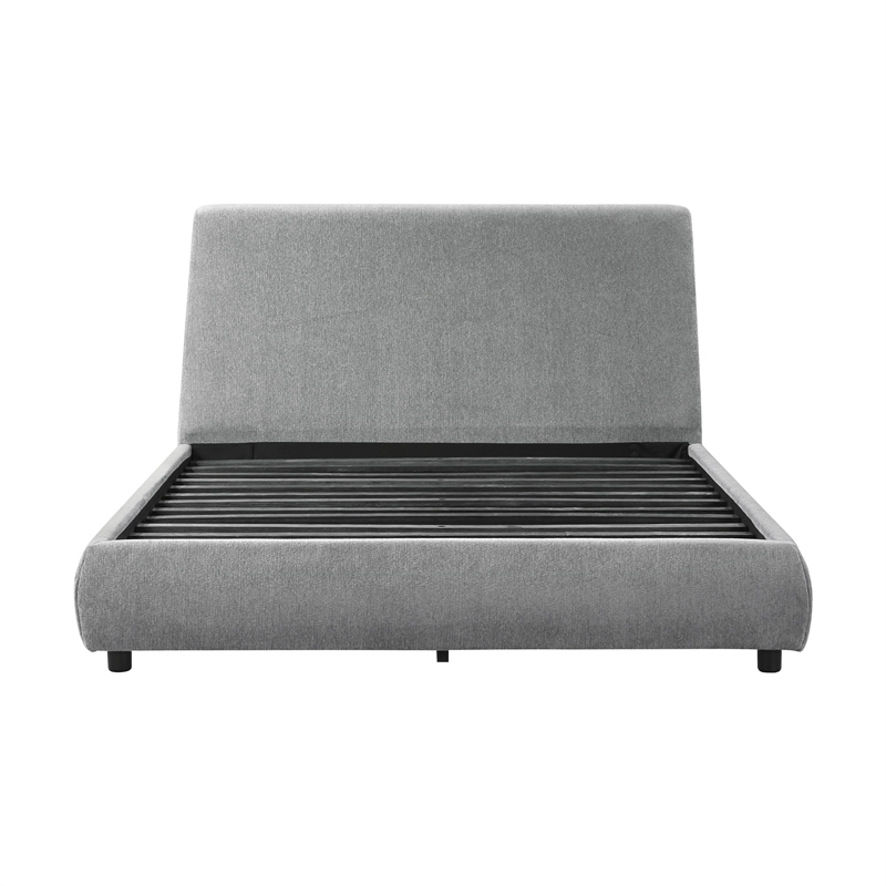 Queen Size Platform Bed- Low Profile- Gray Chenille Fabric Upholstery
