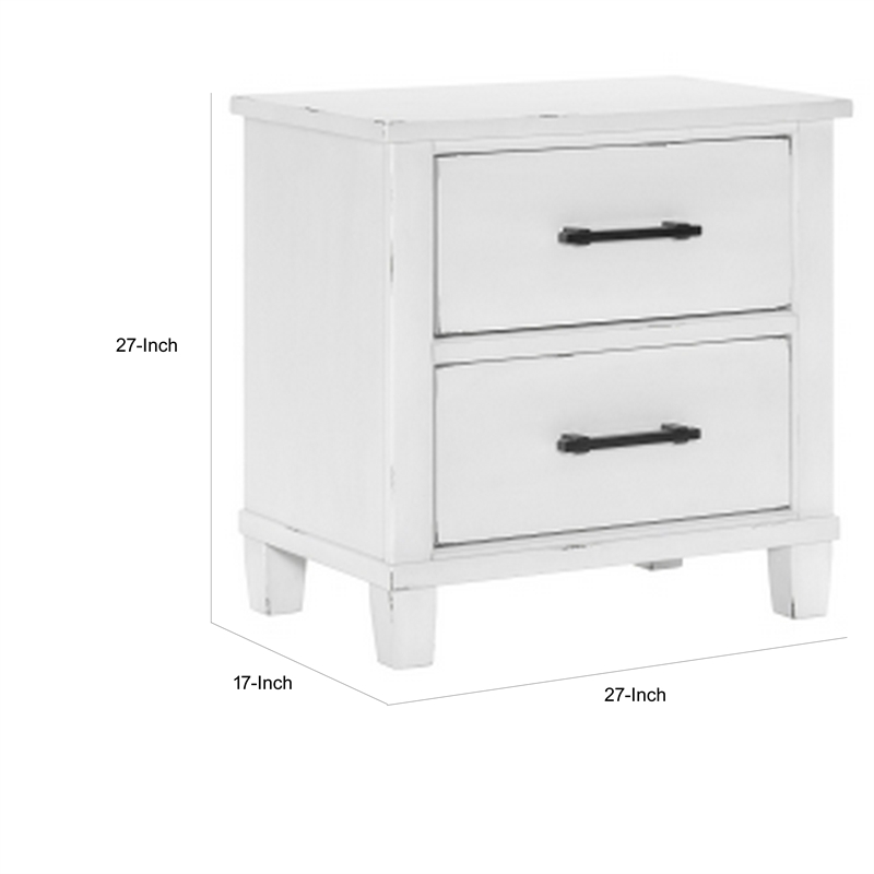 Gemi 27 Inch Nightstand with 2 Drawers- Black Handles- White Wood Finish