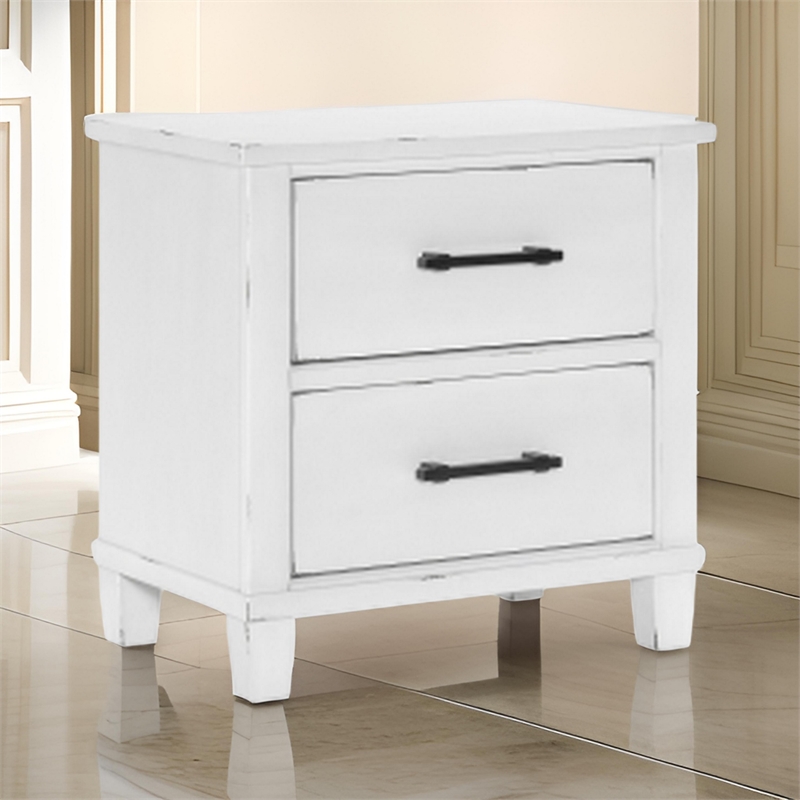 Gemi 27 Inch Nightstand with 2 Drawers- Black Handles- White Wood Finish