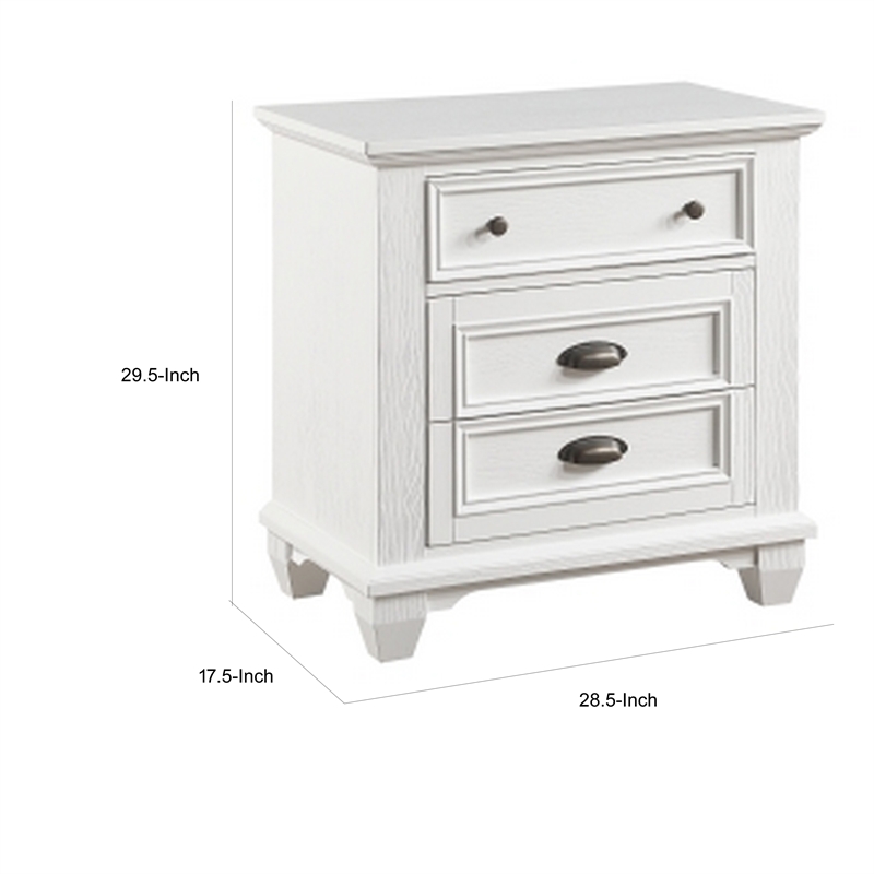 Lyni 30 Inch Nightstand with 3 Drawers- Farmhouse White Acacia Wood