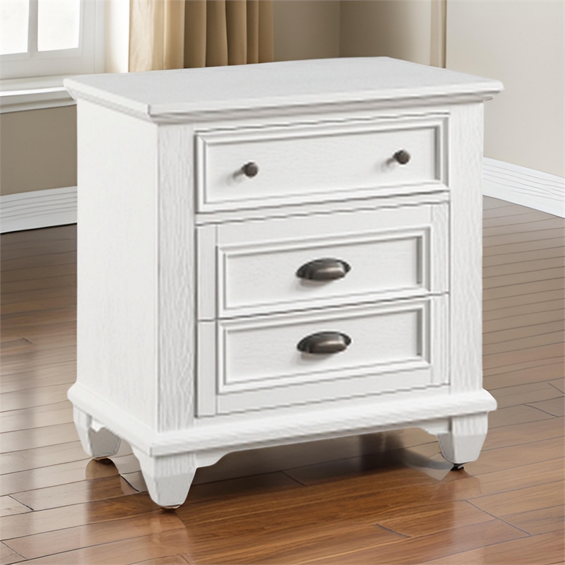 Lyni 30 Inch Nightstand with 3 Drawers- Farmhouse White Acacia Wood