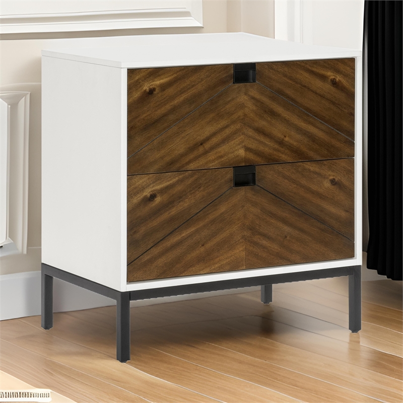 Jem 30 Inch Nightstand- 2 Drawers- Pocket Handles- Brown and White Wood