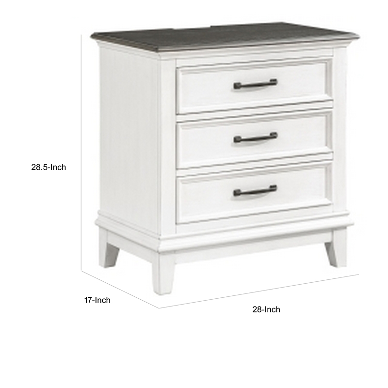 Woki 29 Inch Nightstand- 3 Drawers- USB Port- White- Brown Solid Wood