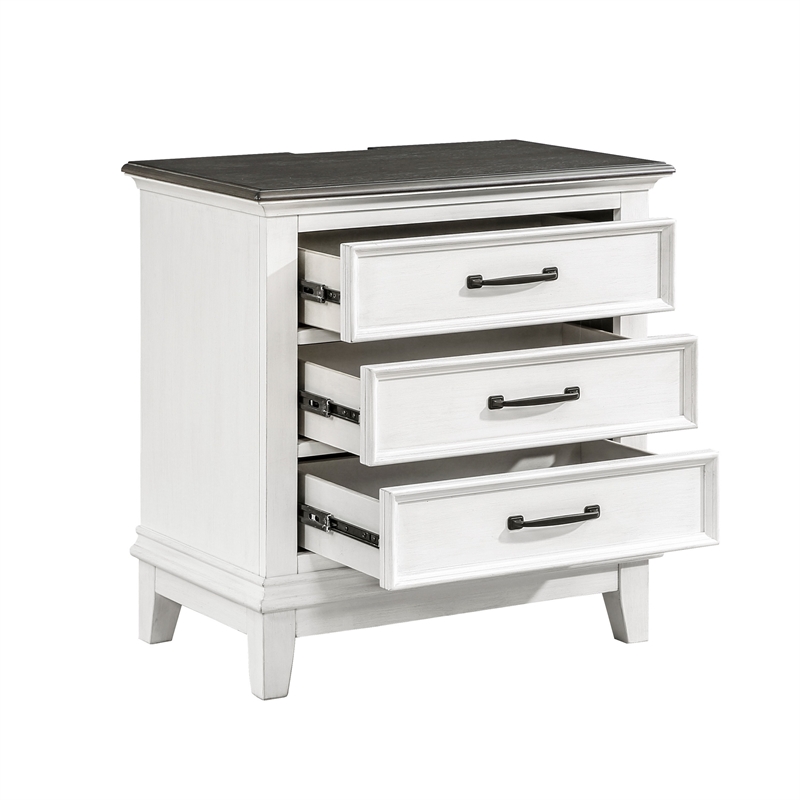 Woki 29 Inch Nightstand- 3 Drawers- USB Port- White- Brown Solid Wood