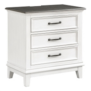 Woki 29 Inch Nightstand- 3 Drawers- USB Port- White- Brown Solid Wood
