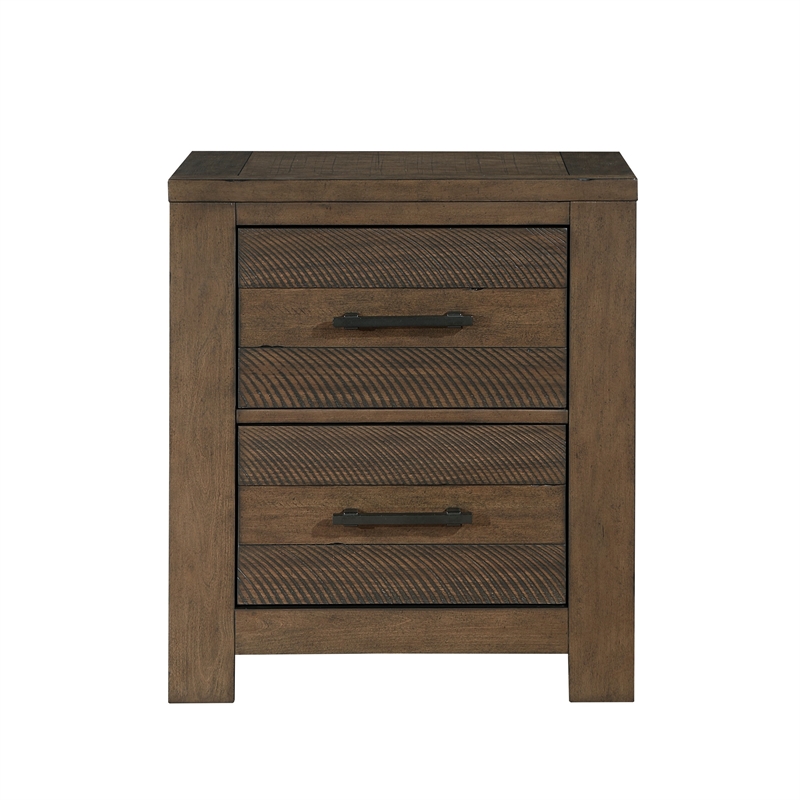 Aco 30 Inch Nightstand- 2 Drawers with Black Handles- Antique Brown Wood