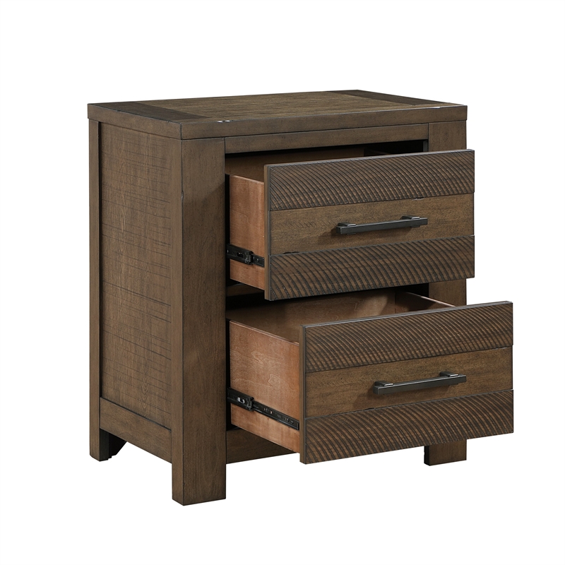 Aco 30 Inch Nightstand- 2 Drawers with Black Handles- Antique Brown Wood