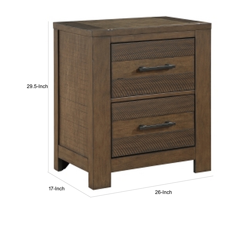 Aco 30 Inch Nightstand- 2 Drawers with Black Handles- Antique Brown Wood