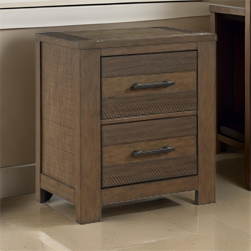 Aco 30 Inch Nightstand- 2 Drawers with Black Handles- Antique Brown Wood