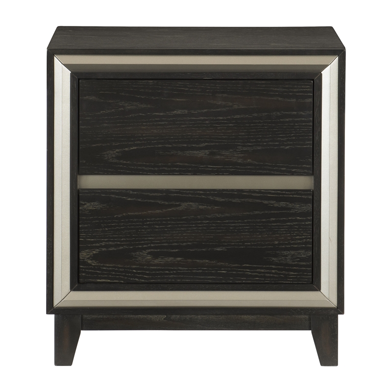 Uri 29 Inch Nightstand- 2 Drawers- Cutout Grooves- Silver Banding- Black