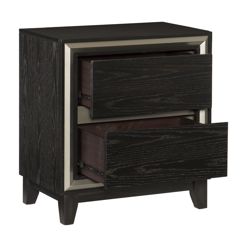 Uri 29 Inch Nightstand- 2 Drawers- Cutout Grooves- Silver Banding- Black