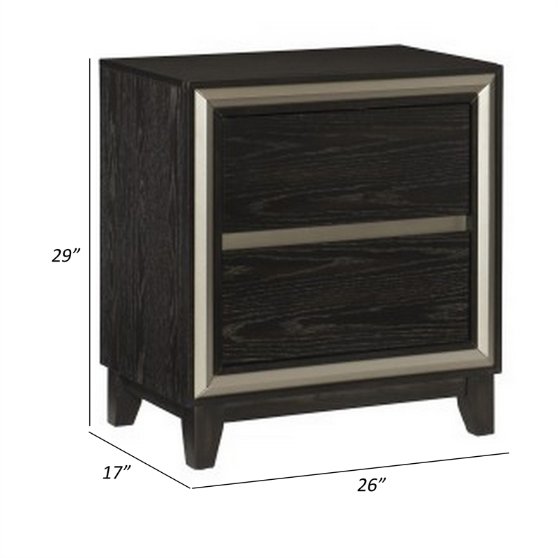 Uri 29 Inch Nightstand- 2 Drawers- Cutout Grooves- Silver Banding- Black