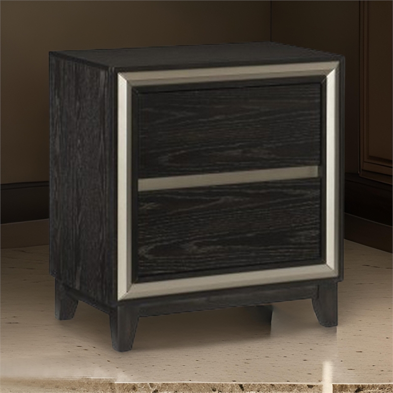 Uri 29 Inch Nightstand- 2 Drawers- Cutout Grooves- Silver Banding- Black