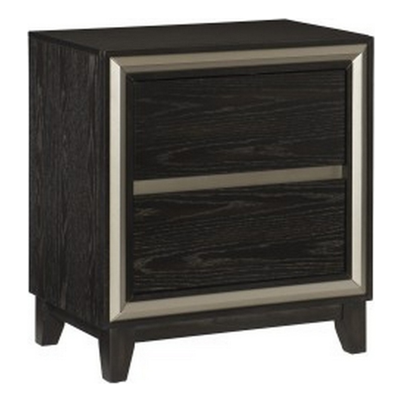 Uri 29 Inch Nightstand- 2 Drawers- Cutout Grooves- Silver Banding- Black