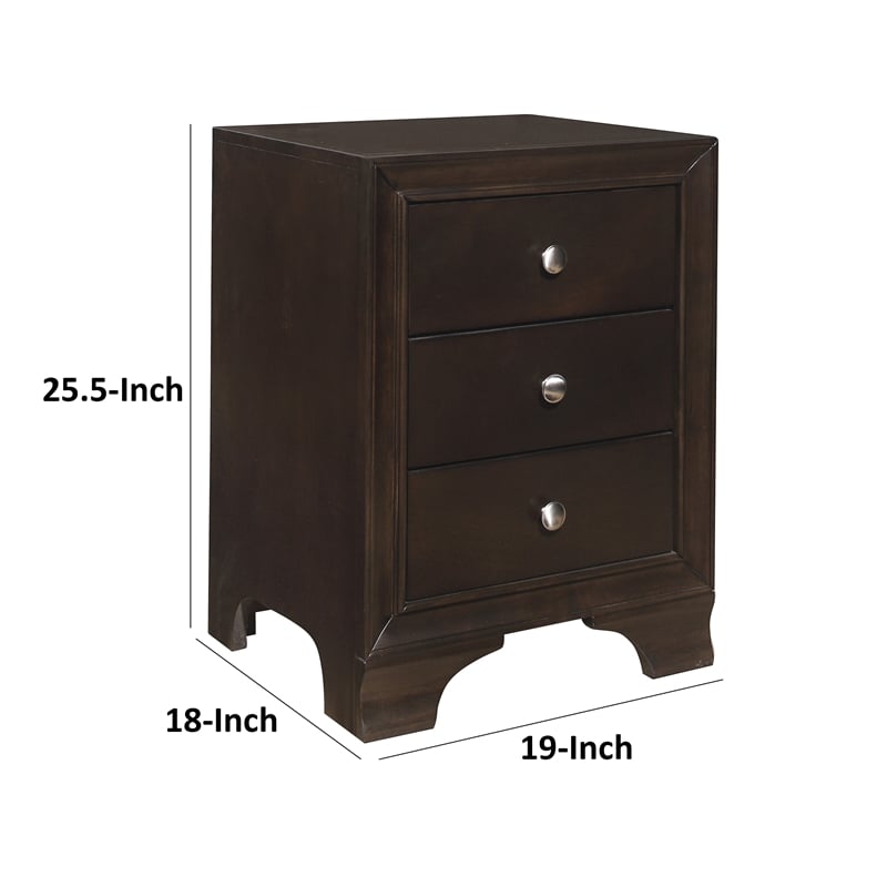 Folu 26 Inch Nightstand- USB Port- 3 Drawers with Chrome Knobs- Brown