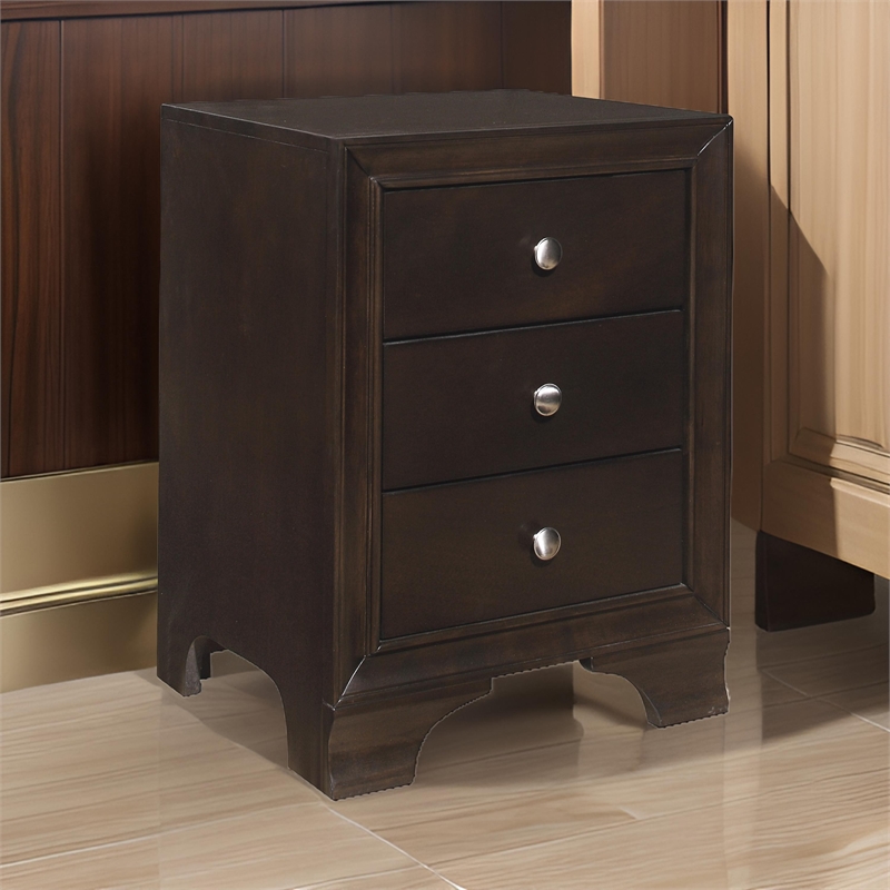 Folu 26 Inch Nightstand- USB Port- 3 Drawers with Chrome Knobs- Brown