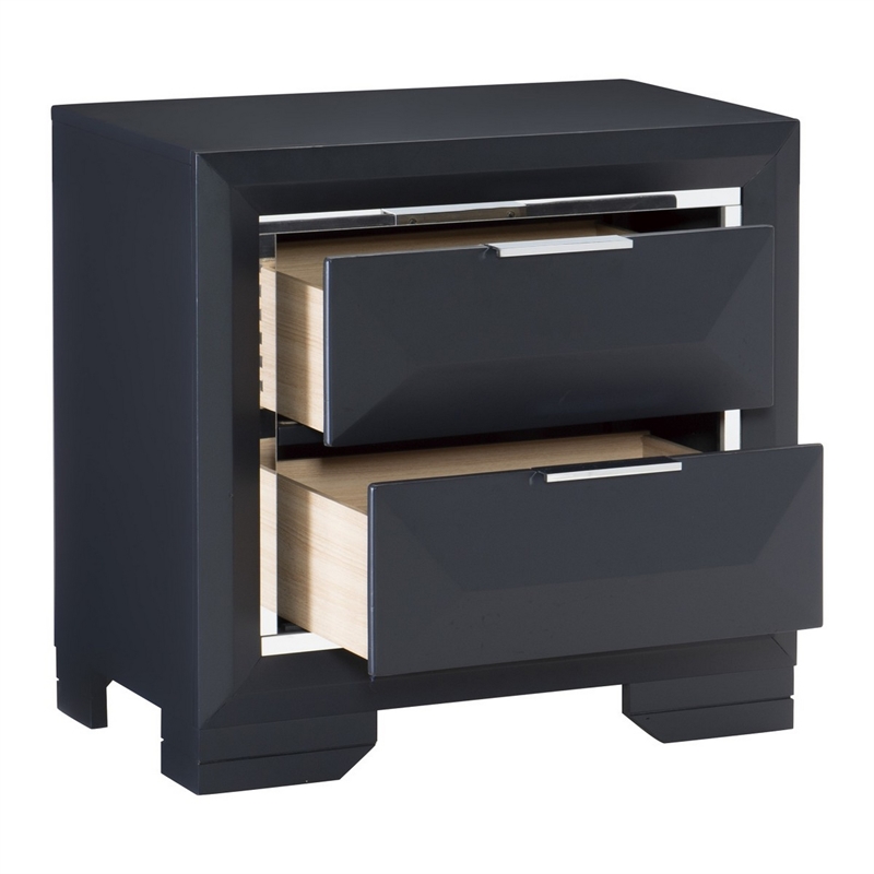 Rosy 27 Inch Nightstand- 2 Drawers- Chrome Accents- Midnight Blue Wood