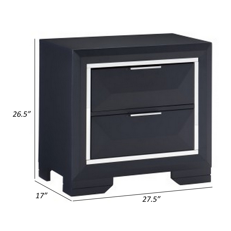 Rosy 27 Inch Nightstand- 2 Drawers- Chrome Accents- Midnight Blue Wood