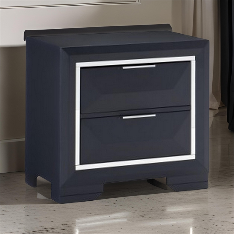 Rosy 27 Inch Nightstand- 2 Drawers- Chrome Accents- Midnight Blue Wood