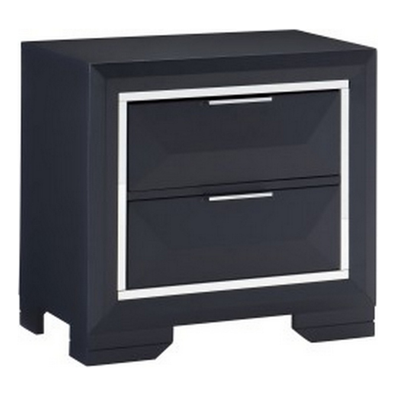 Rosy 27 Inch Nightstand- 2 Drawers- Chrome Accents- Midnight Blue Wood
