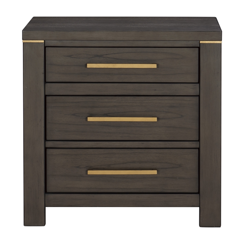 Carie 29 Inch Nightstand- 3 Drawers- Gold Accent Handles- Brown Gray Wood