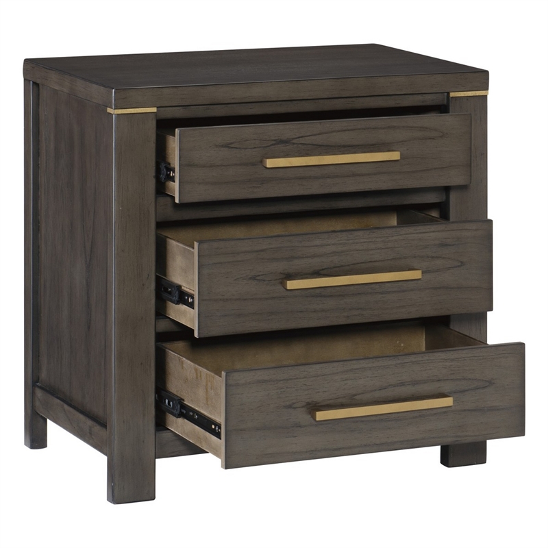 Carie 29 Inch Nightstand- 3 Drawers- Gold Accent Handles- Brown Gray Wood
