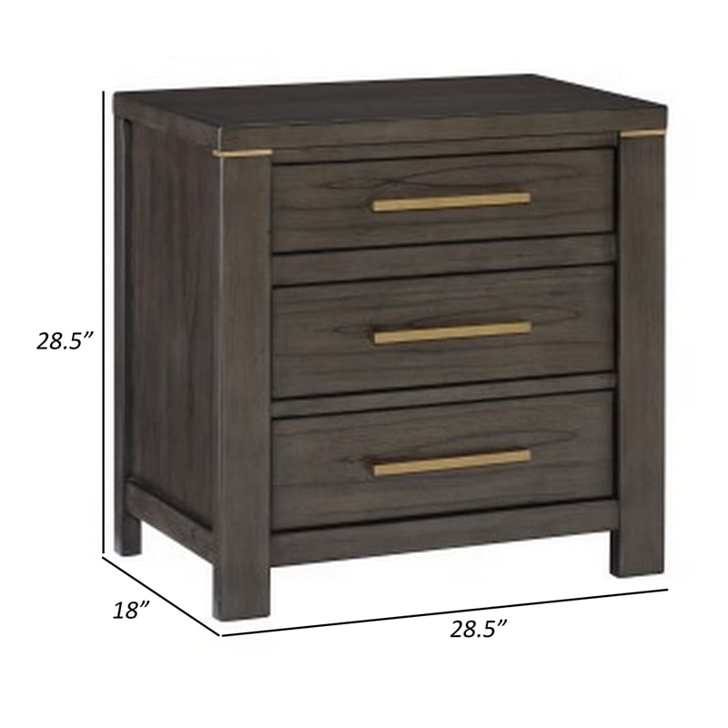 Carie 29 Inch Nightstand- 3 Drawers- Gold Accent Handles- Brown Gray Wood