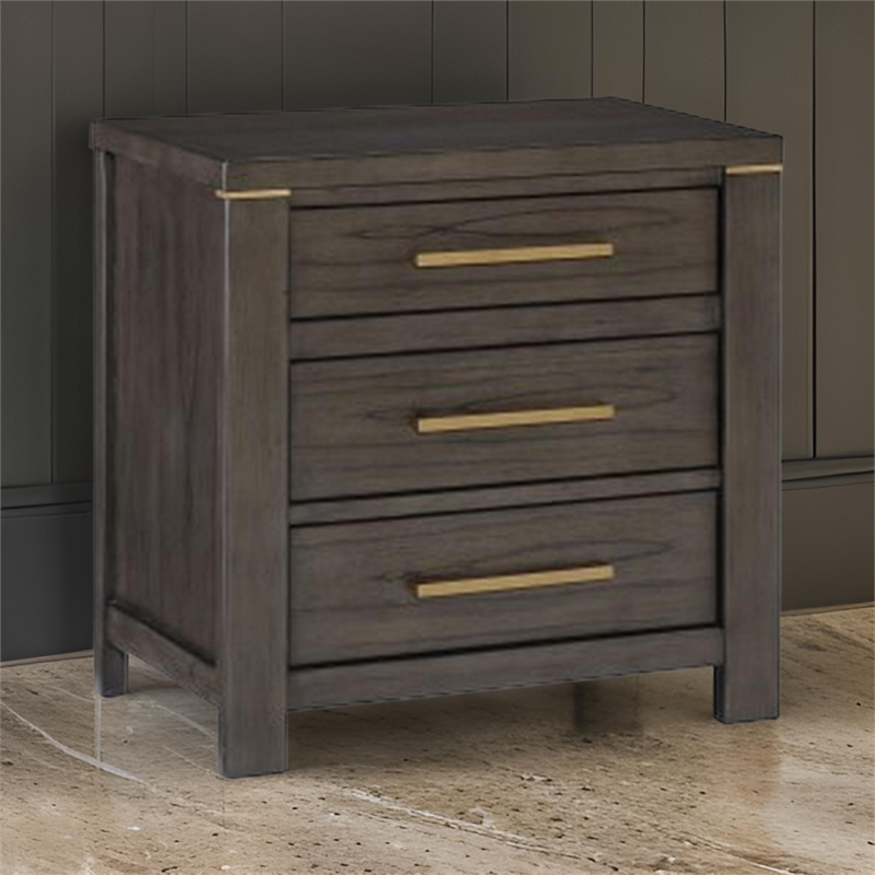 Carie 29 Inch Nightstand- 3 Drawers- Gold Accent Handles- Brown Gray Wood