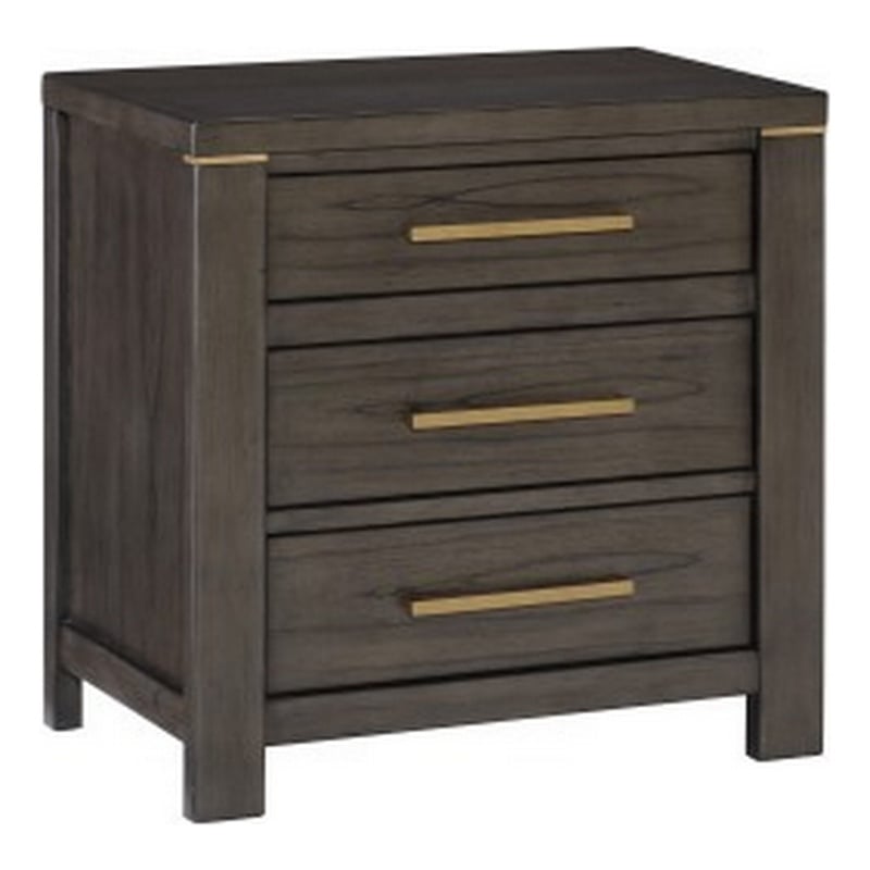Carie 29 Inch Nightstand- 3 Drawers- Gold Accent Handles- Brown Gray Wood