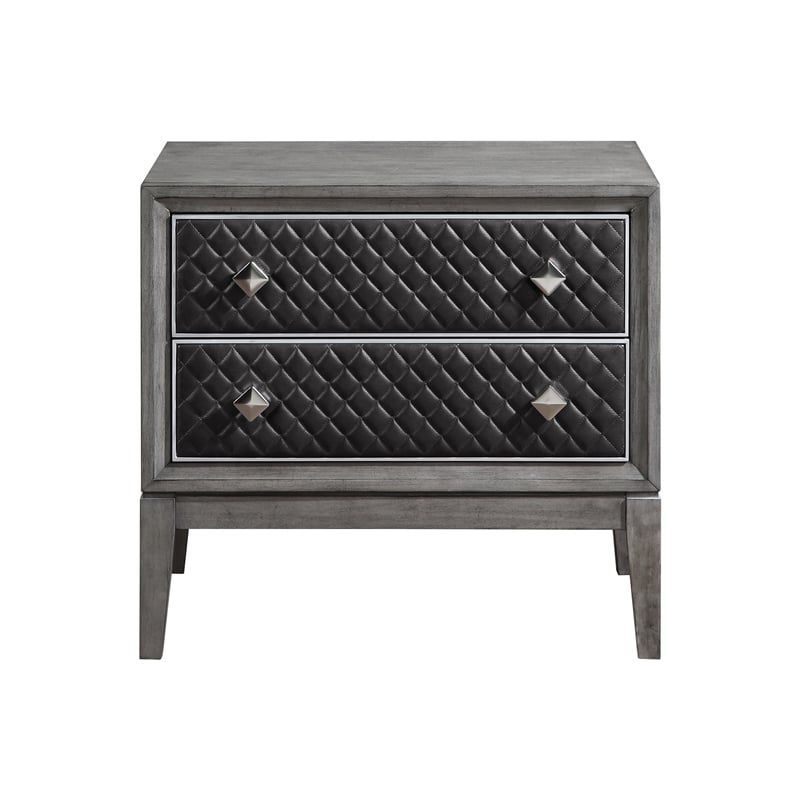 Stacy 29 Inch Nightstand- 2 Faux Leather Upholstered Drawers- Gray Wood