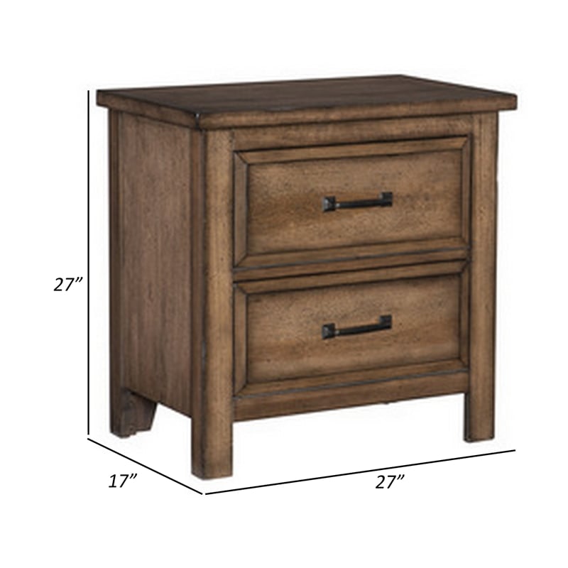 Reva 27 Inch Nightstand- 2 Drawers- Black Metal- Light Brown Solid Wood