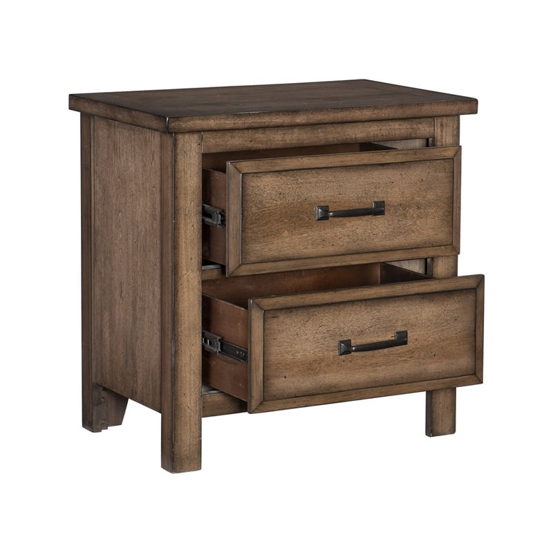 Reva 27 Inch Nightstand- 2 Drawers- Black Metal- Light Brown Solid Wood