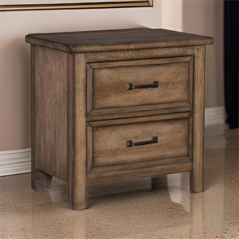 Reva 27 Inch Nightstand- 2 Drawers- Black Metal- Light Brown Solid Wood