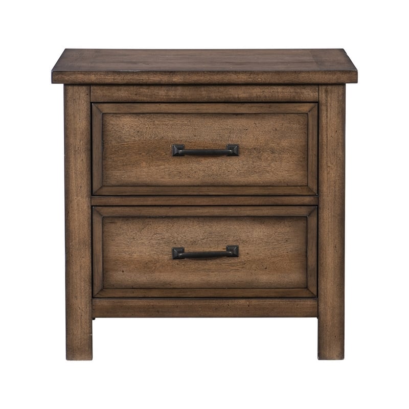 Reva 27 Inch Nightstand- 2 Drawers- Black Metal- Light Brown Solid Wood