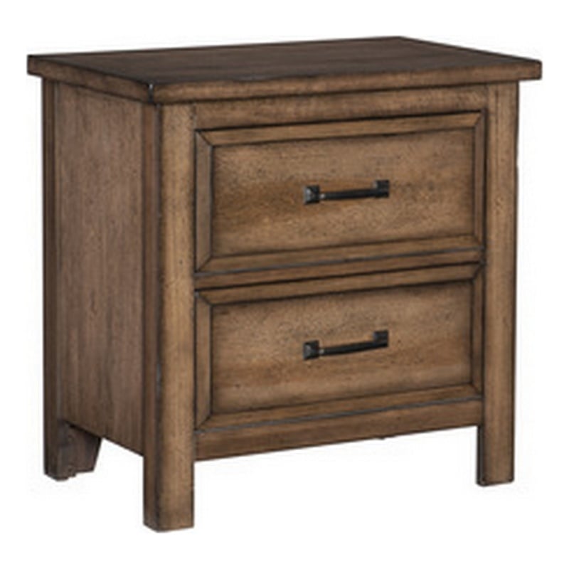 Reva 27 Inch Nightstand- 2 Drawers- Black Metal- Light Brown Solid Wood
