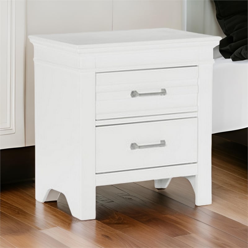 Candy 25 Inch Nightstand- 2 Drawers- Nickel Bar Handles- White Solid Wood