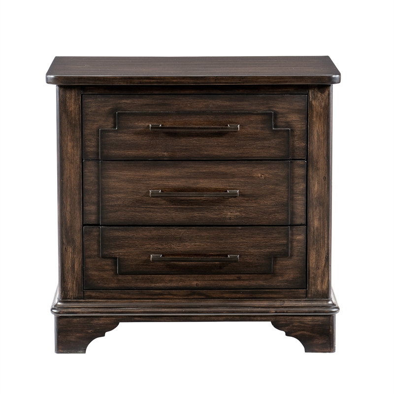 Amey 30 Inch Nightstand- 3 Drawers with Bar Handles- Rustic Brown Wood