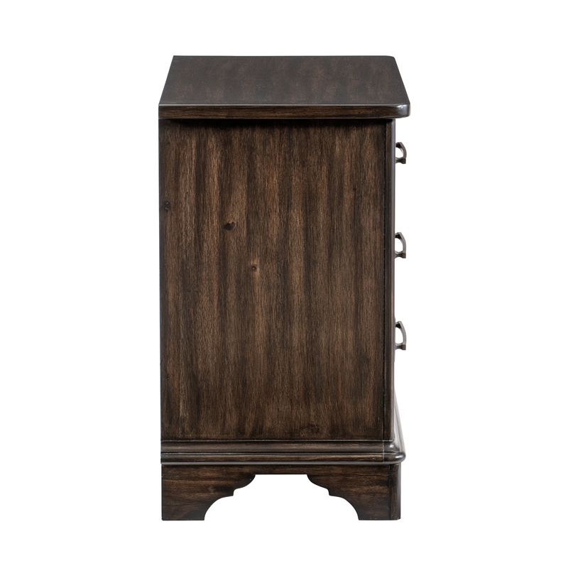 Amey 30 Inch Nightstand- 3 Drawers with Bar Handles- Rustic Brown Wood
