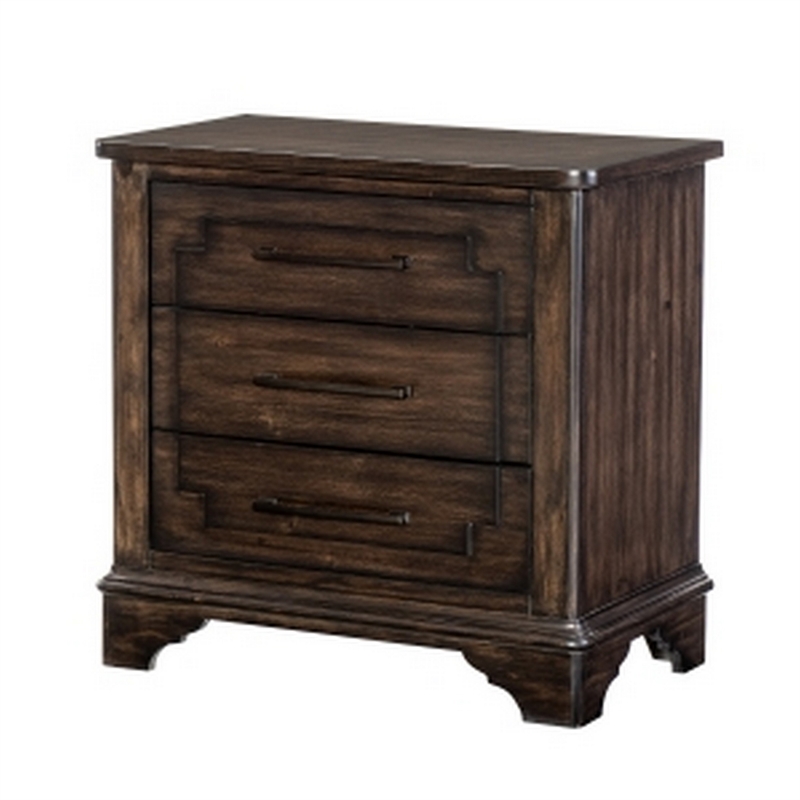 Amey 30 Inch Nightstand- 3 Drawers with Bar Handles- Rustic Brown Wood