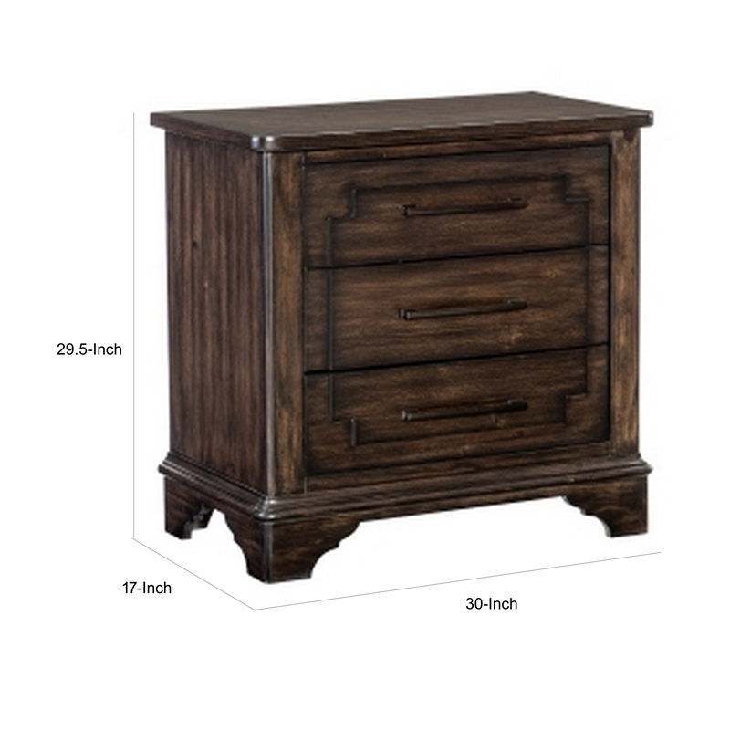 Amey 30 Inch Nightstand- 3 Drawers with Bar Handles- Rustic Brown Wood